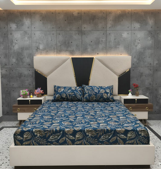 Midnight Leaf – Navy Blue Fitted Bedsheet Set