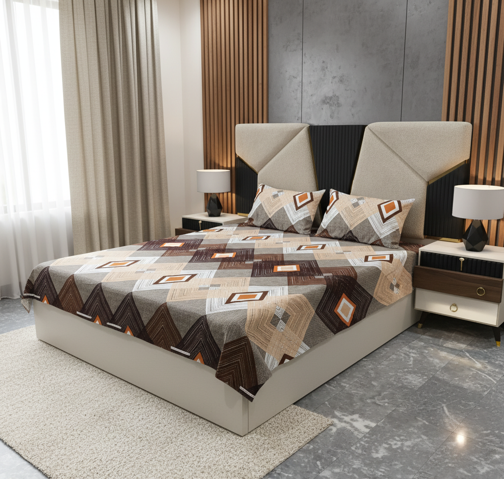 Amberwood Diamond – Brown & Beige Bedsheet Set