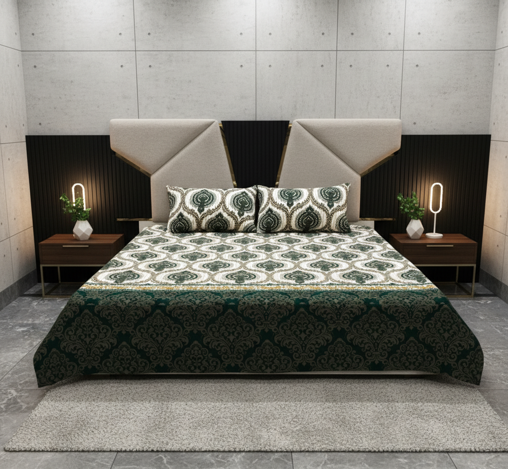 Royal Jade – Off-White & Green Bedsheet Set