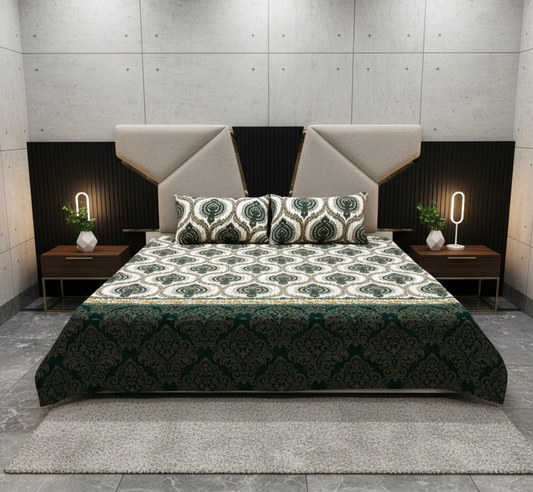 Royal Jade – Off-White & Green Bedsheet Set